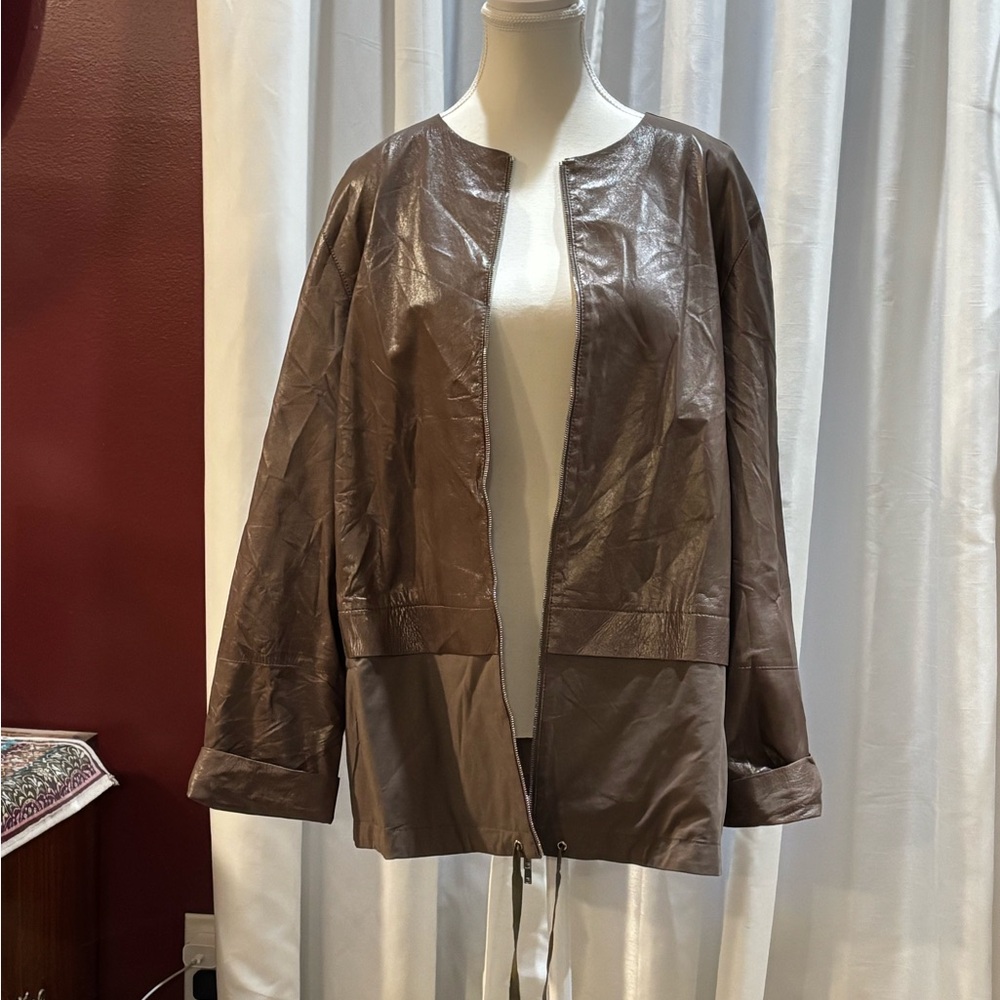 Chocolate brown leather Lafayette 148 New York long jacket with satin lining.